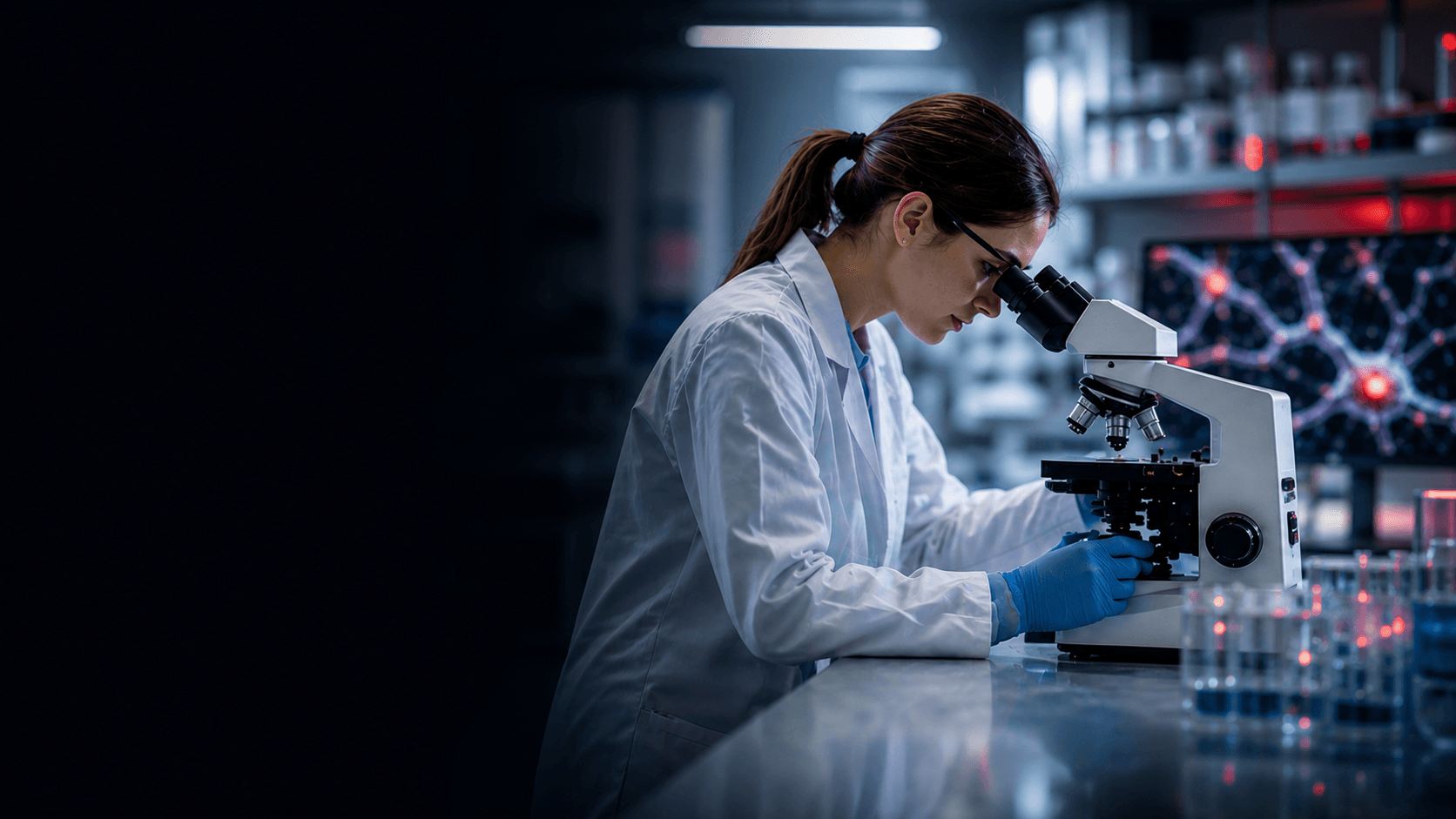 Biomedical researcher studying neurodegenerative disease in a laboratory