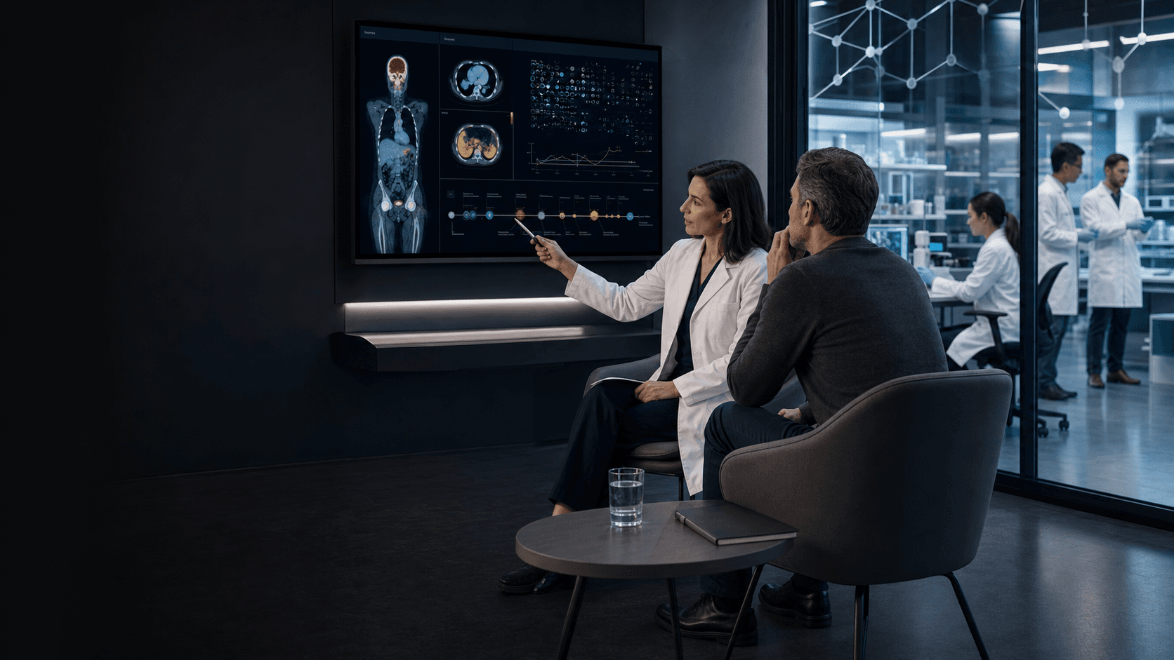 An oncology patient and physician reviewing precision imaging in a modern cancer center