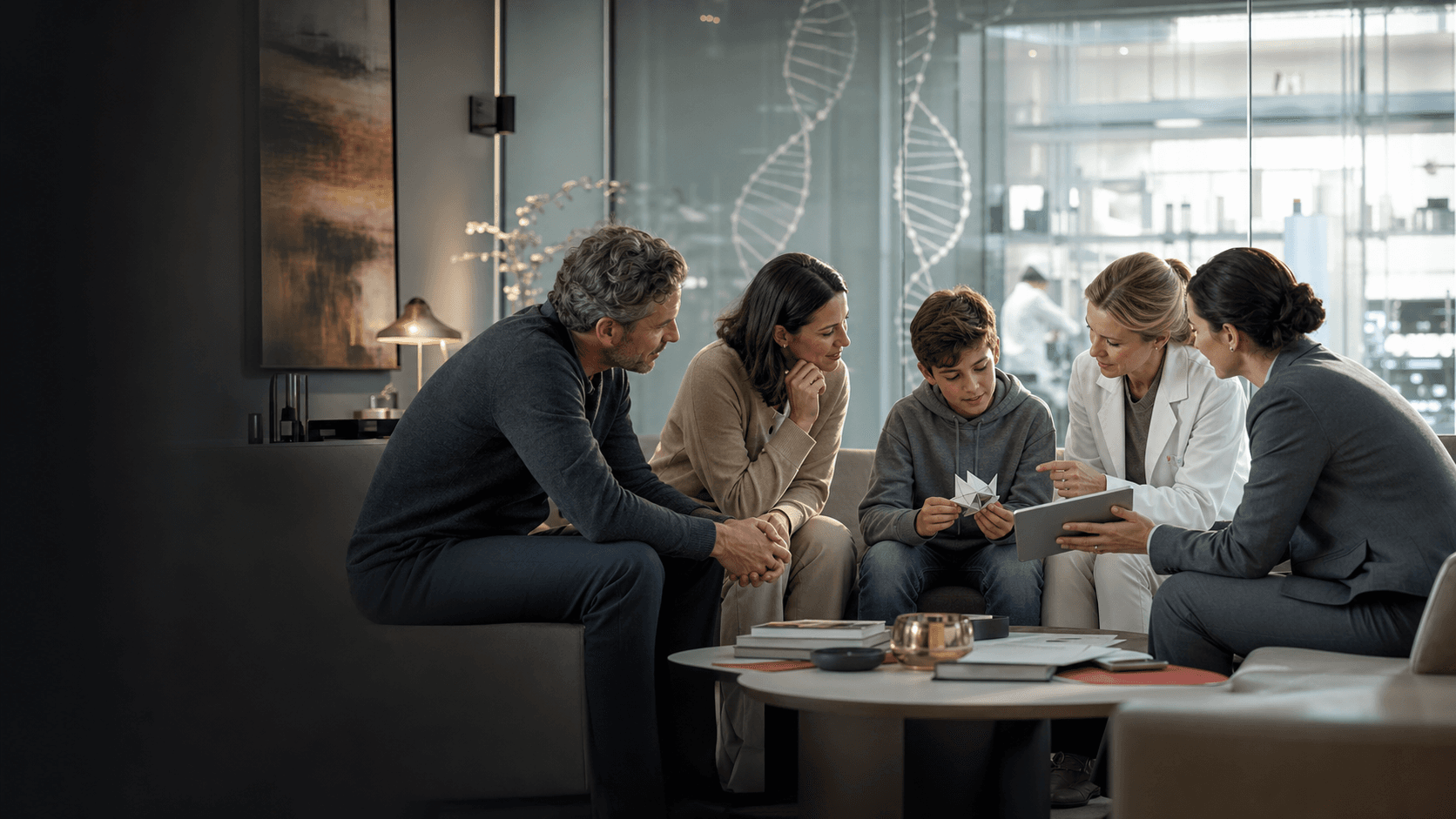 A family and rare-disease care team meeting in a welcoming pediatric research center