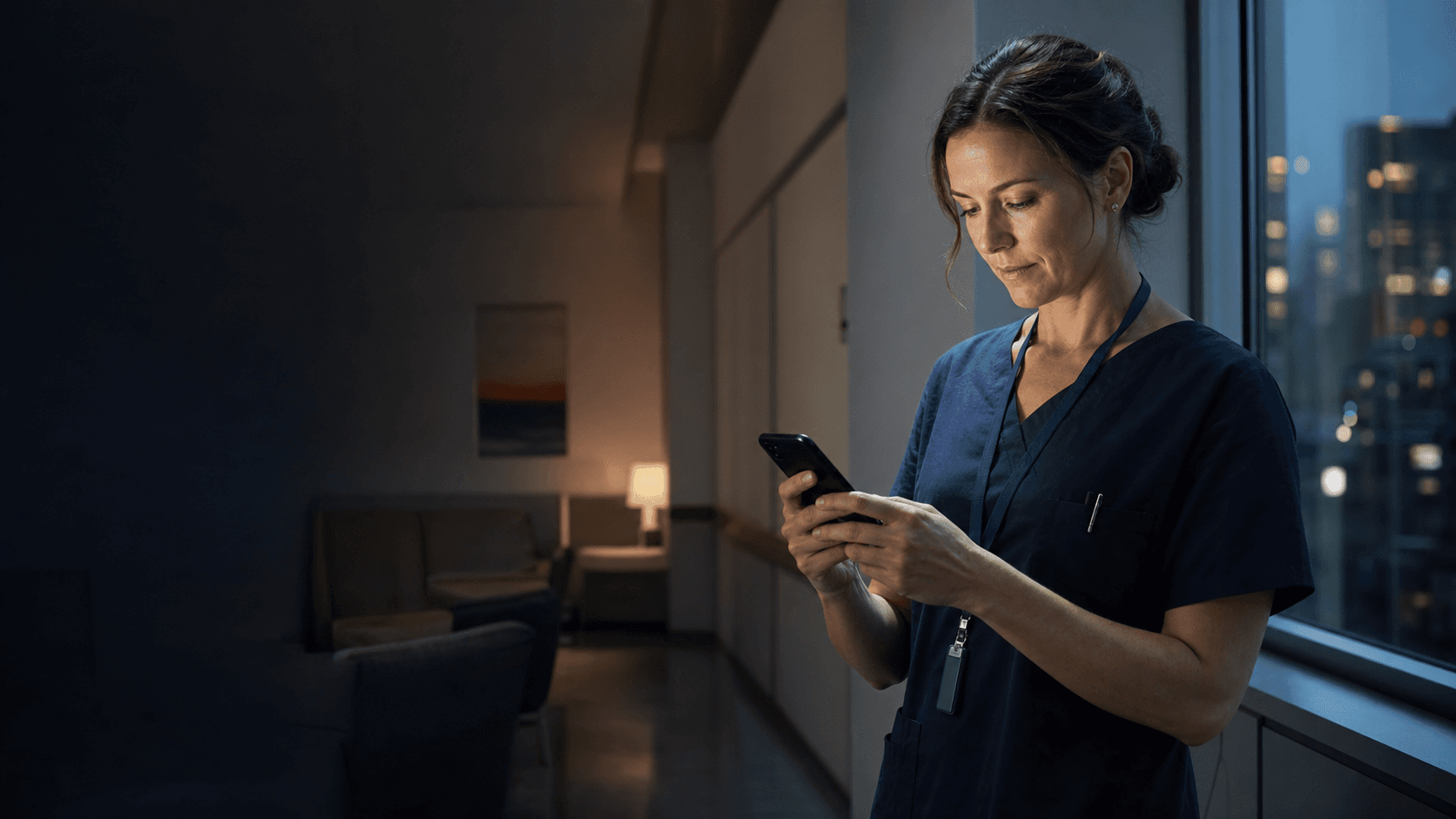 A neurologist naturally checking a timely research alert on a phone between rounds