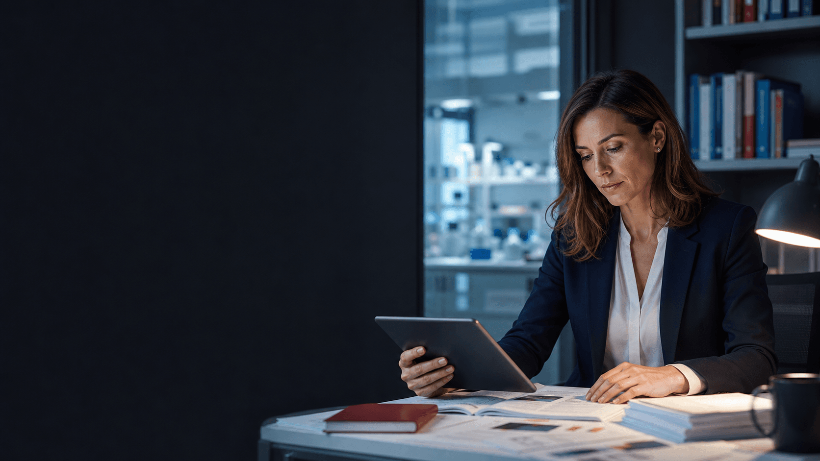 A biomedical researcher carefully reviewing public evidence at a workstation